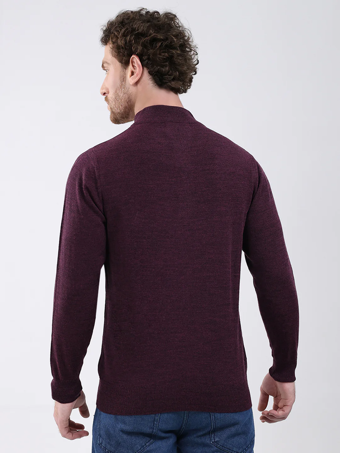 Men Purple Solid Mock Neck Full Sleeve Pullover - Image 5