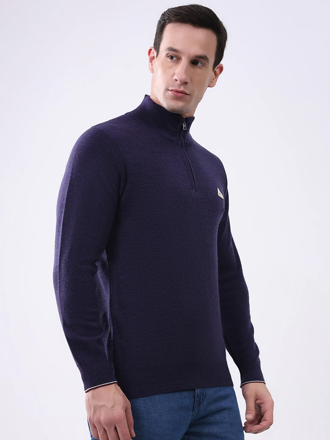 Men Purple Solid Mock Neck Full Sleeve Pullover - Image 4