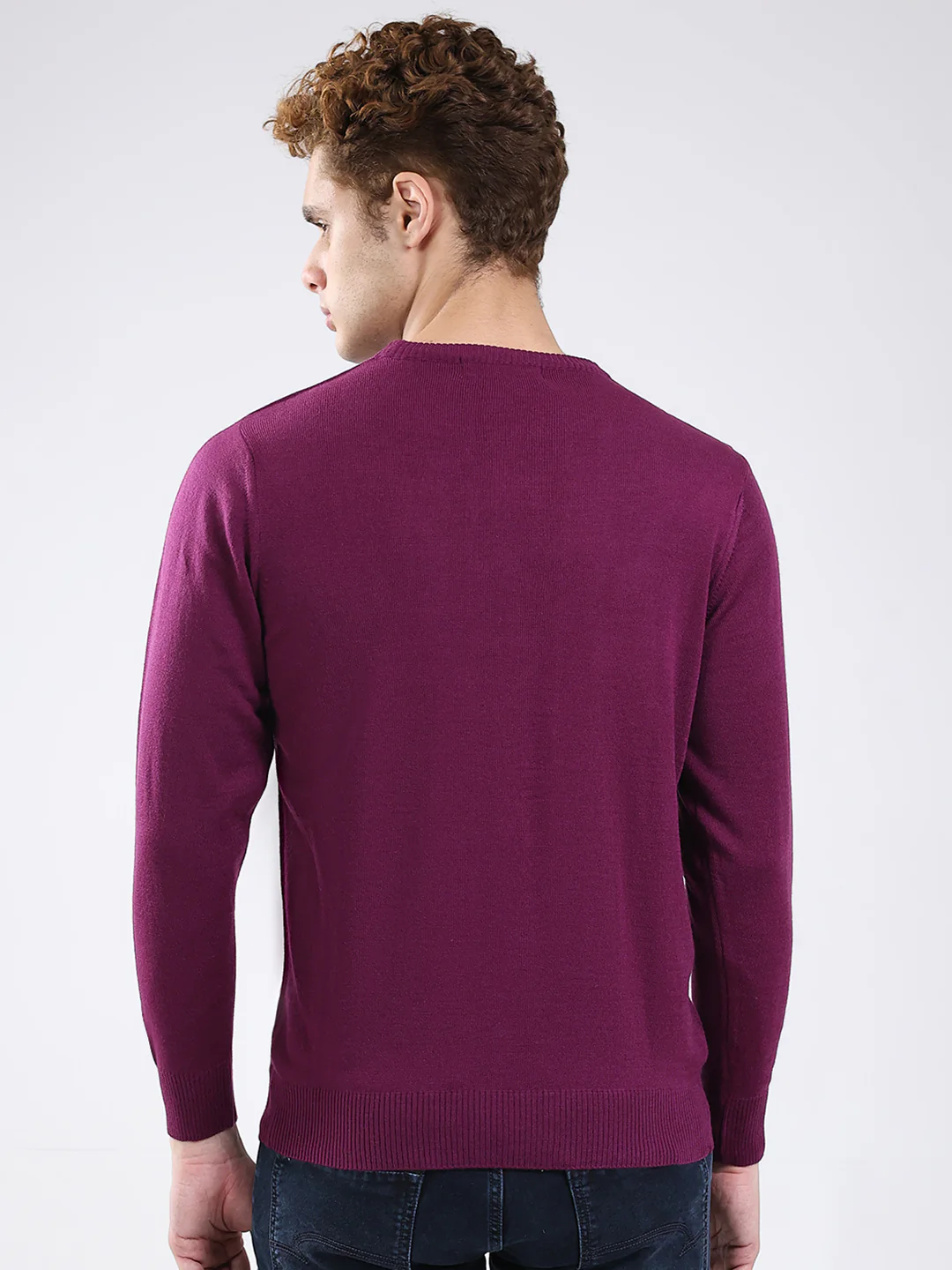 Men Purple Solid Round Neck Full Sleeve Pullover - Image 5
