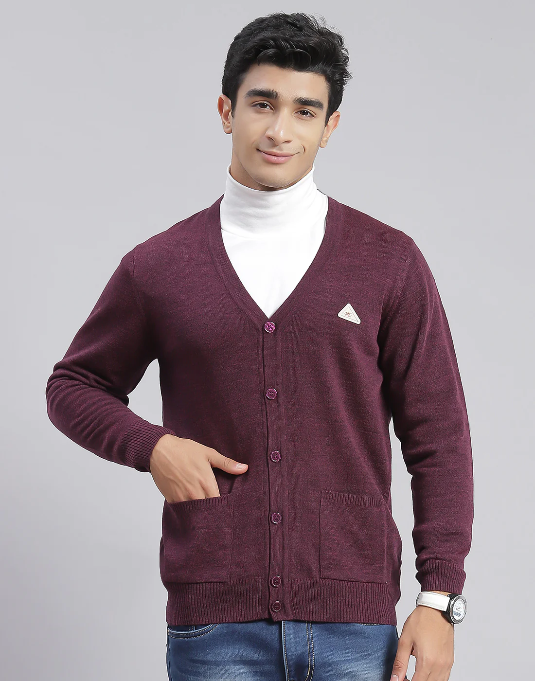 Men Purple Solid V Neck Full Sleeve Cardigan - Image 3