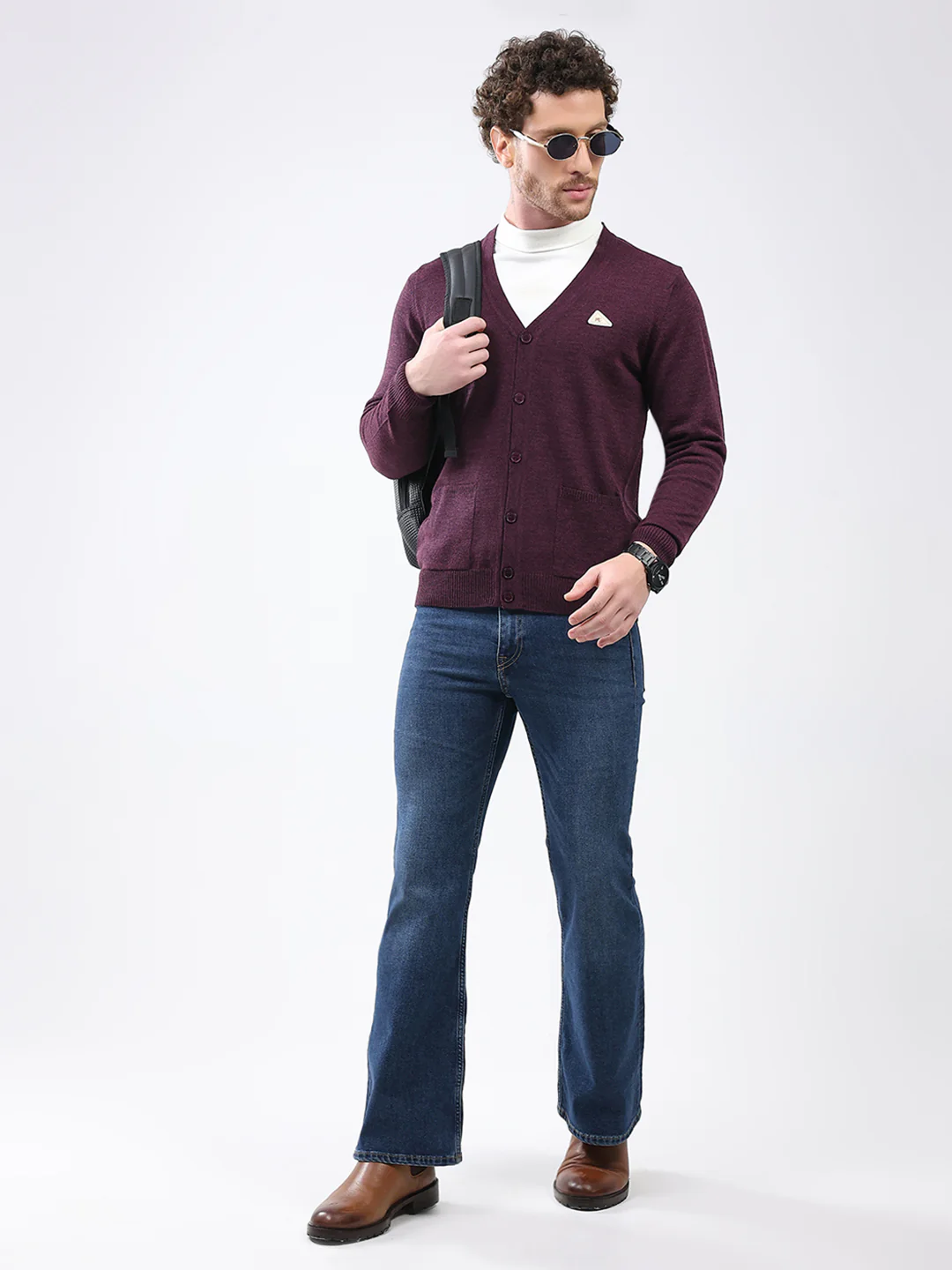 Men Purple Solid V Neck Full Sleeve Cardigan - Image 2