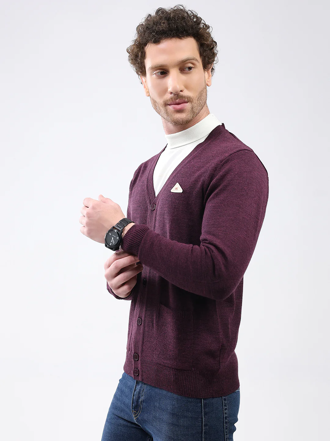 Men Purple Solid V Neck Full Sleeve Cardigan - Image 3