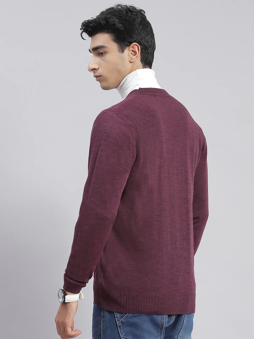 Men Purple Solid V Neck Full Sleeve Cardigans - Image 3