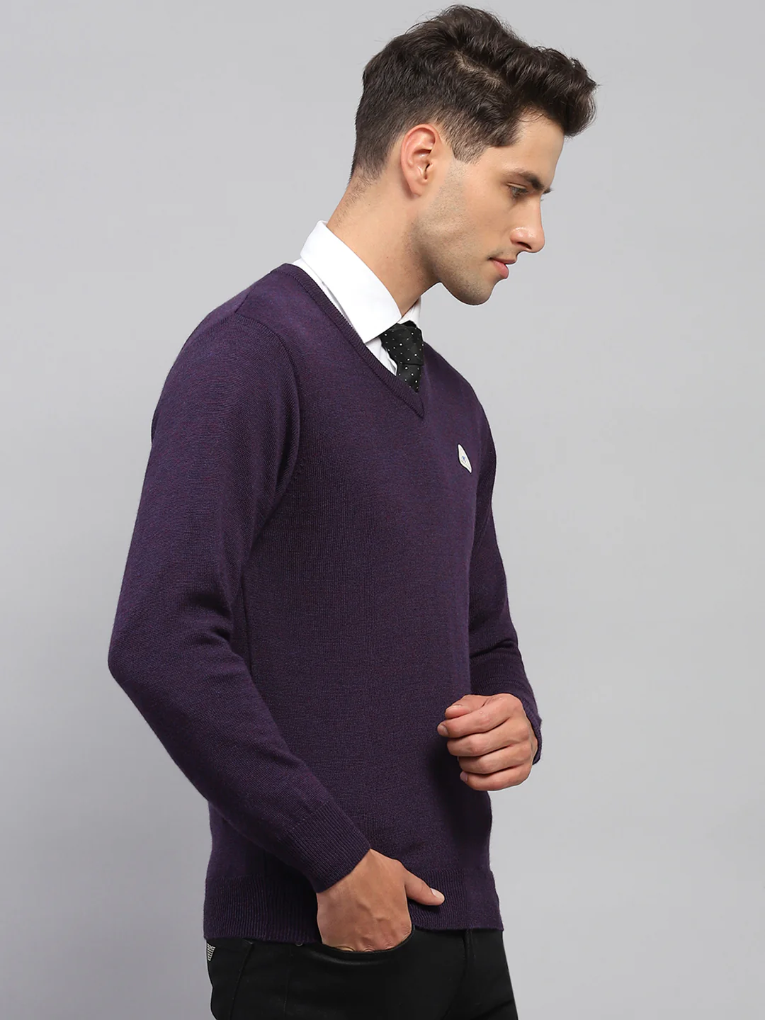 Men Purple Solid V Neck Full Sleeve Pullover - Image 4