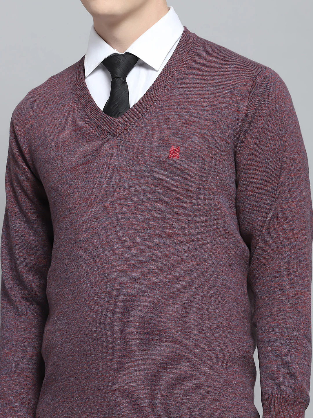 Men Purple Solid V Neck Full Sleeve Pullover - Image 6