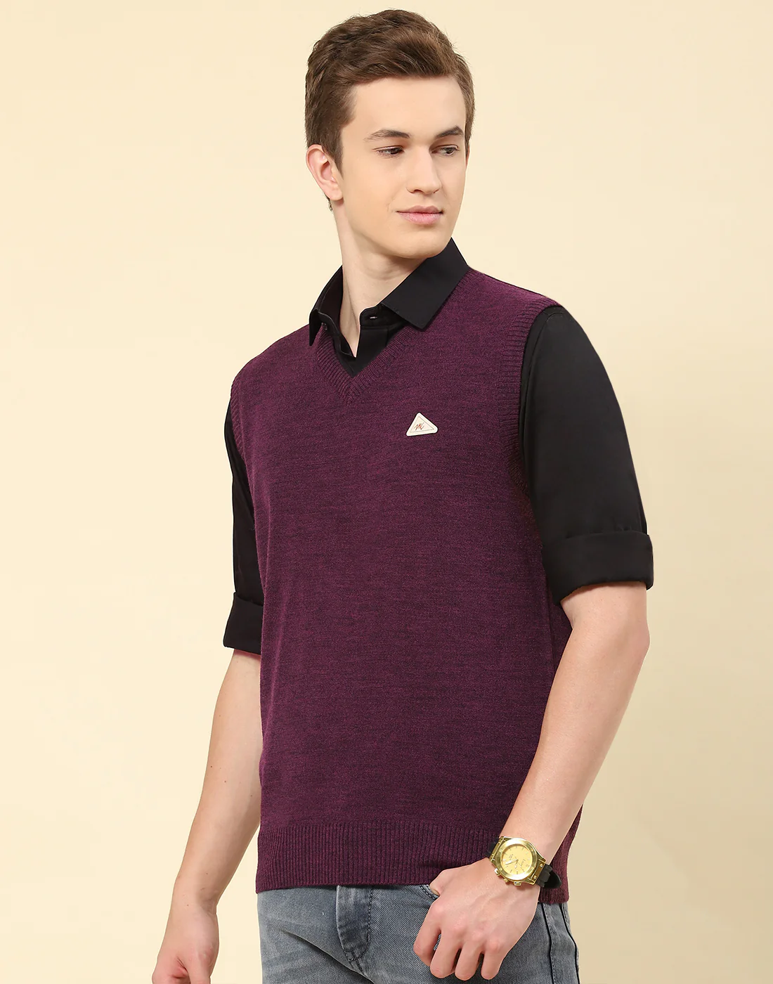 Men Purple Solid V Neck Sleeveless Sweater - Image 3