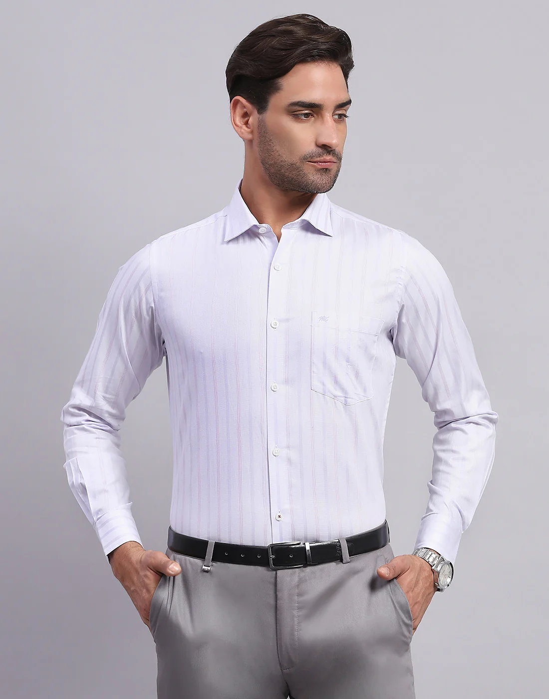 Men Purple Stripe Collar Full Sleeve Shirt - Image 2