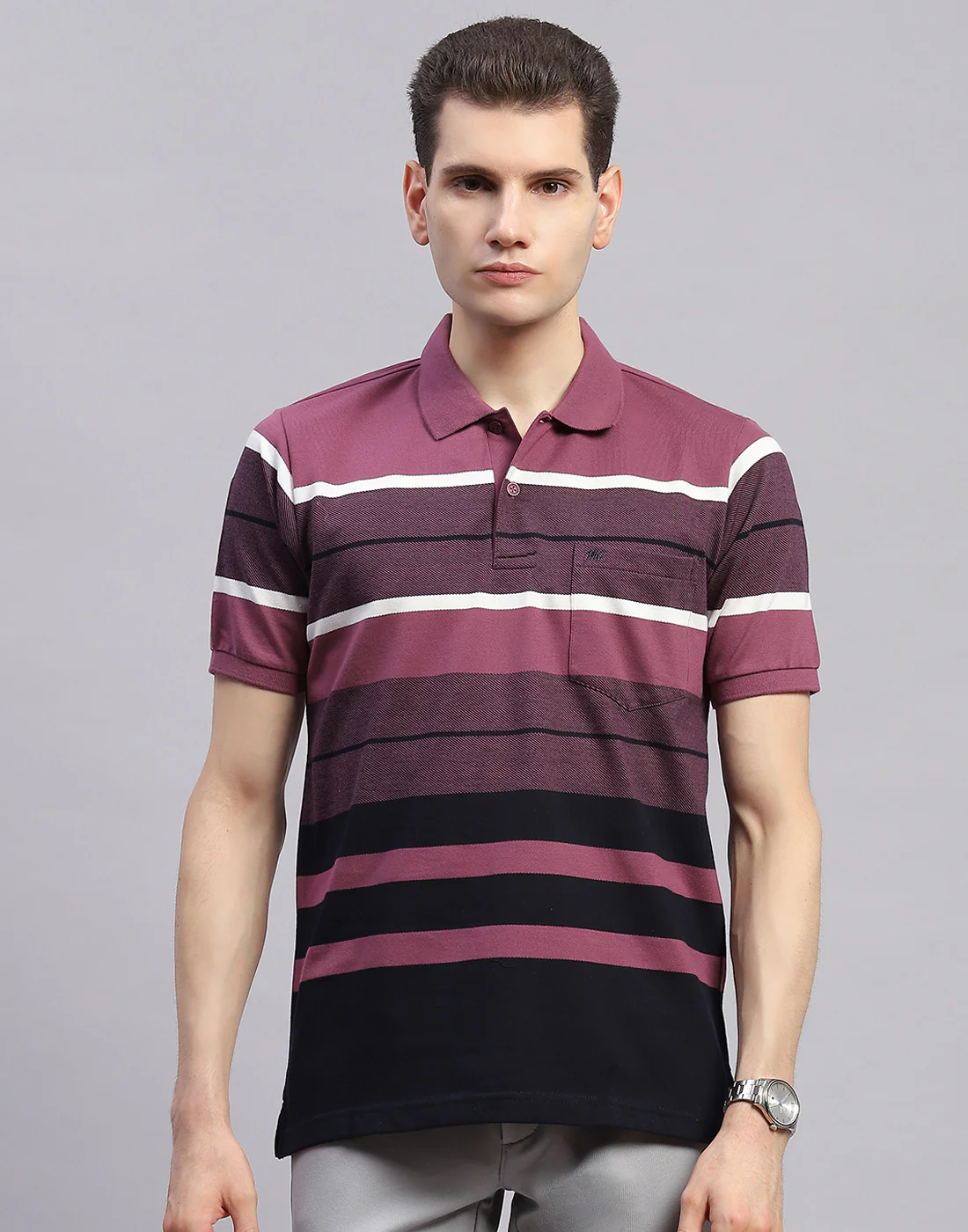 Men Purple Stripe Collar Half Sleeve T-Shirt - Image 2
