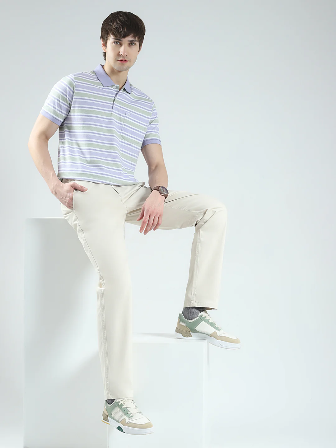 Men Purple Stripe Collar Half Sleeve T-Shirt - Image 2