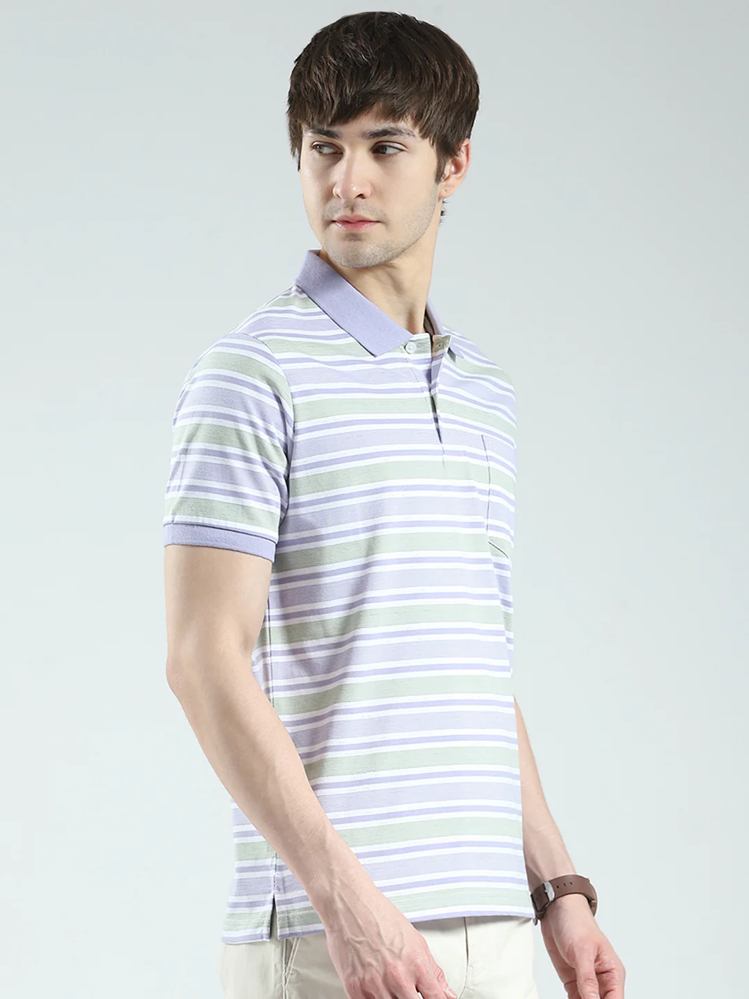 Men Purple Stripe Collar Half Sleeve T-Shirt - Image 4