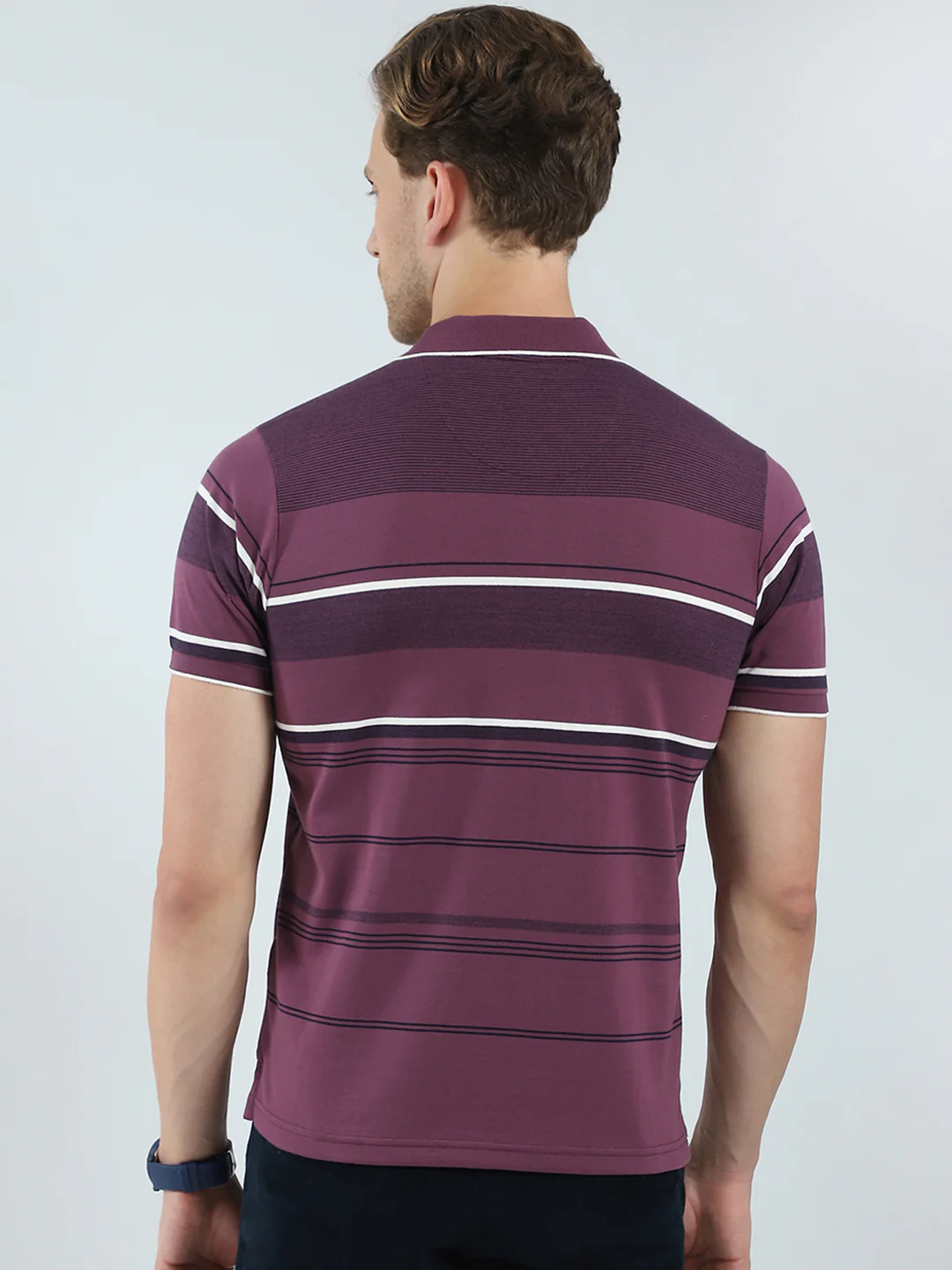 Men Purple Stripe Collar Half Sleeve T-Shirt - Image 5
