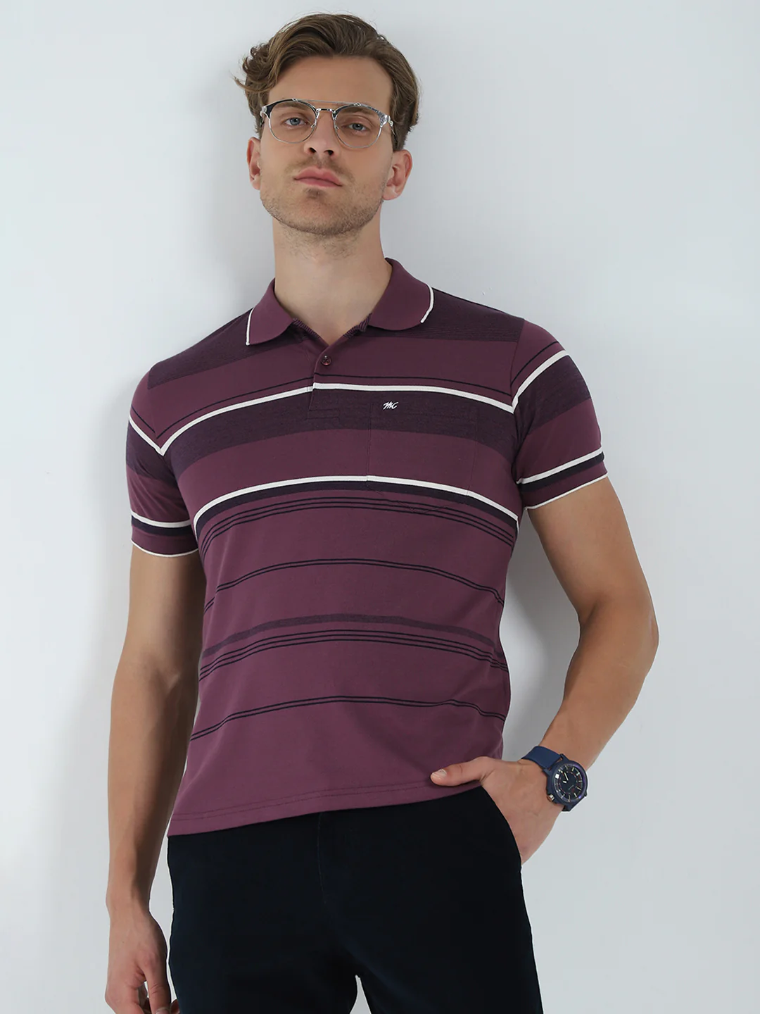 Men Purple Stripe Collar Half Sleeve T-Shirt - Image 6