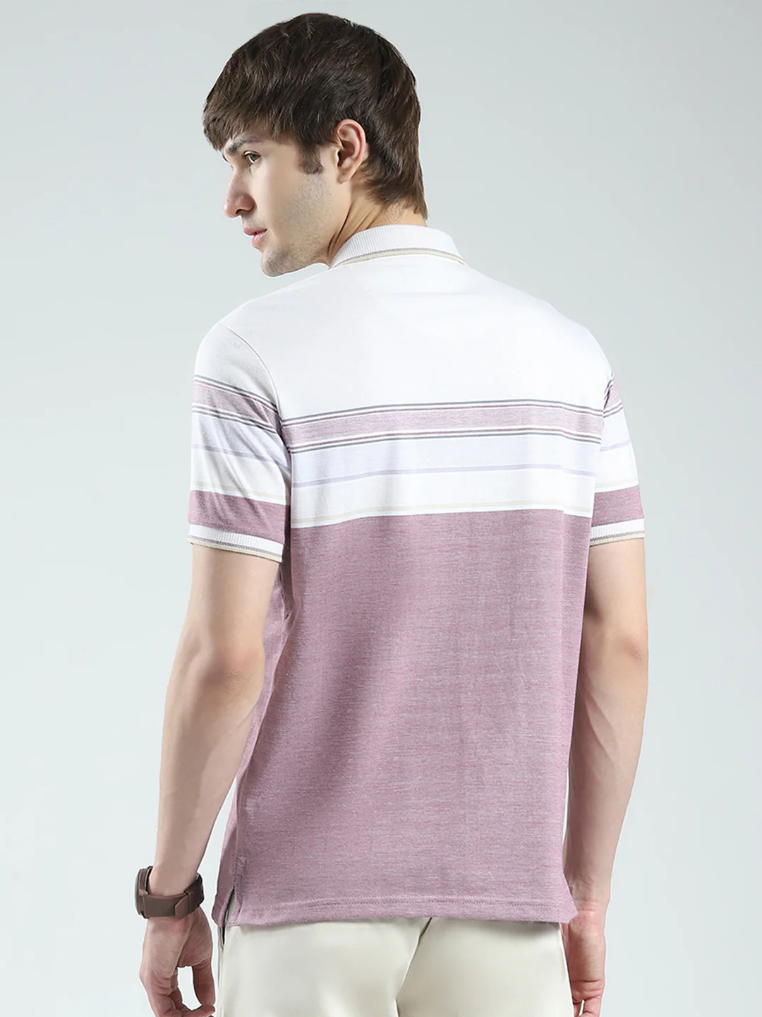 Men Purple Stripe Collar Half Sleeve T-Shirt - Image 5