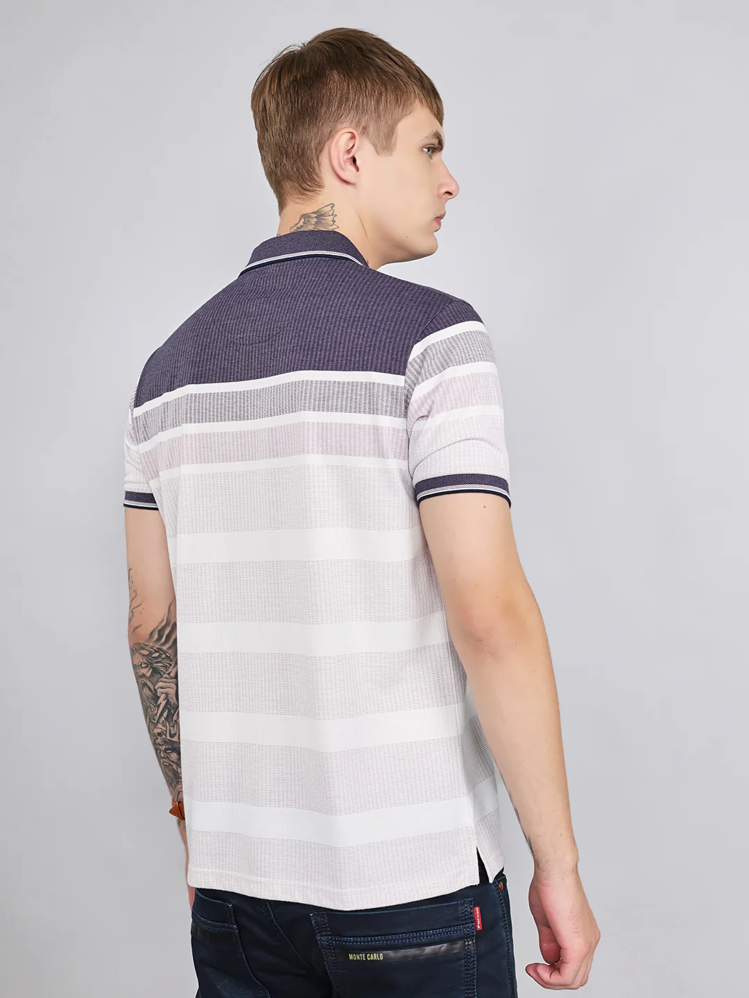 Men Purple Stripe Collar Half Sleeve T-Shirt - Image 4