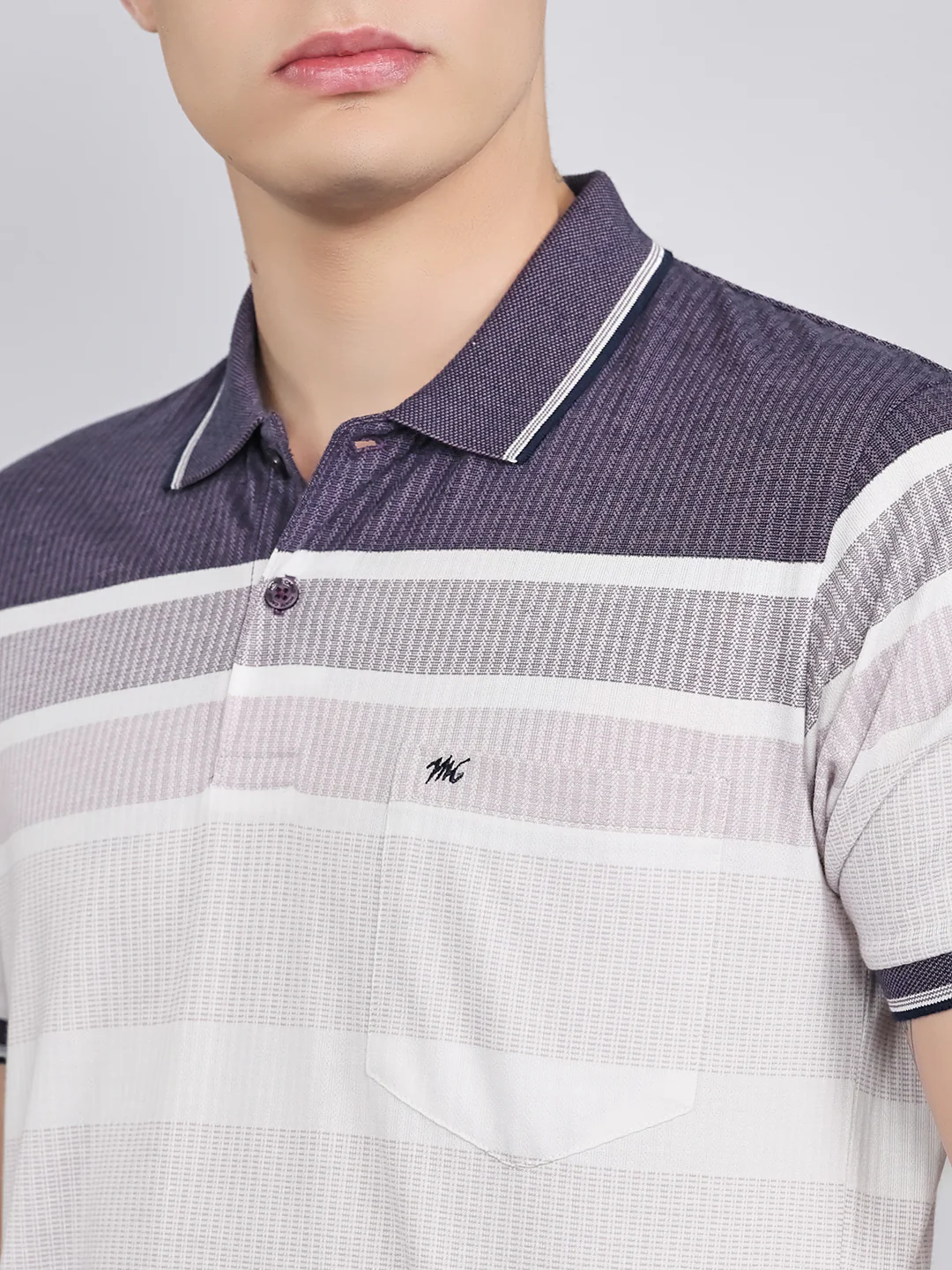 Men Purple Stripe Collar Half Sleeve T-Shirt - Image 5