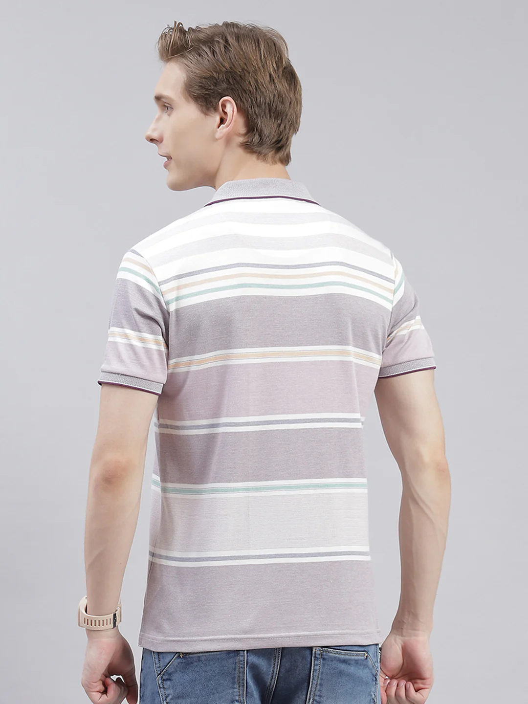 Men Purple Stripe Collar Half Sleeve T-Shirts - Image 5