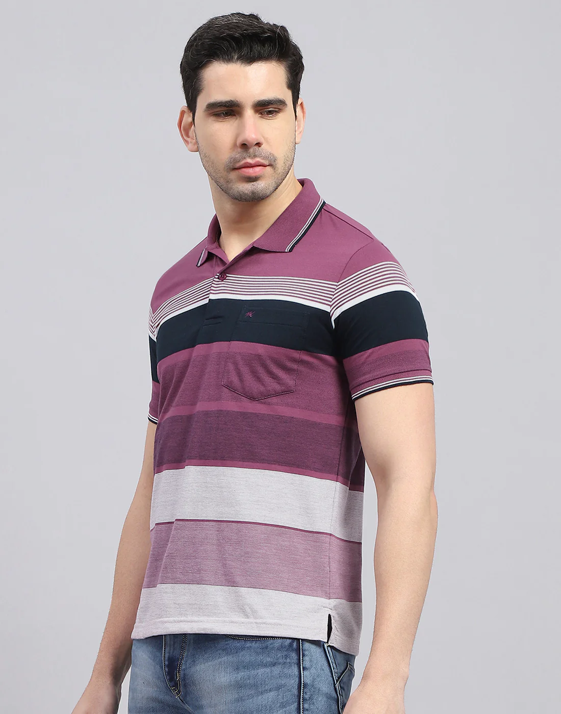 Men Purple Stripe Polo Collar Half Sleeve T-Shirt - Image 3