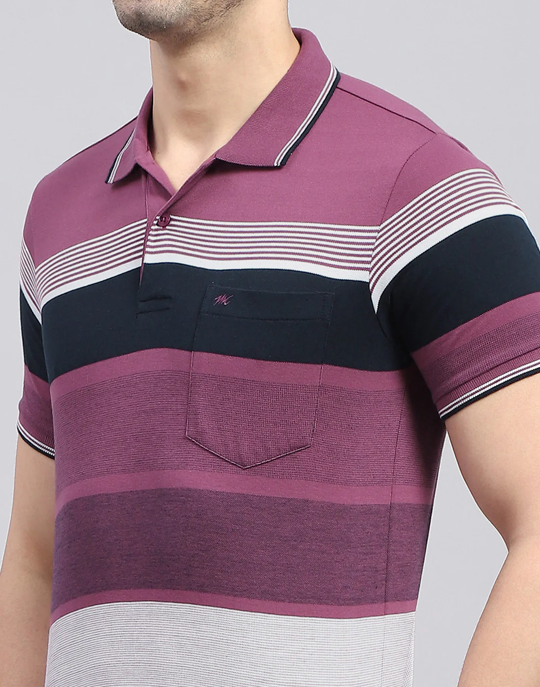Men Purple Stripe Polo Collar Half Sleeve T-Shirt - Image 6