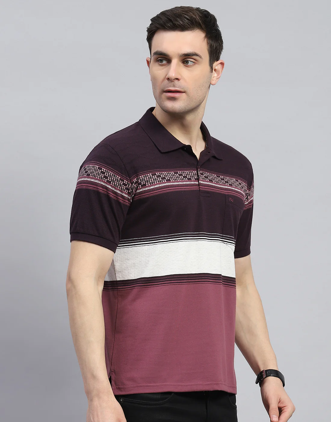 Men Purple Stripe Polo Collar Half Sleeve T-Shirt - Image 4