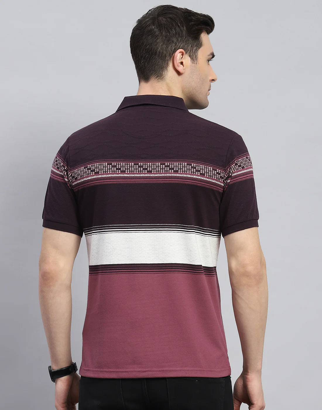 Men Purple Stripe Polo Collar Half Sleeve T-Shirt - Image 5