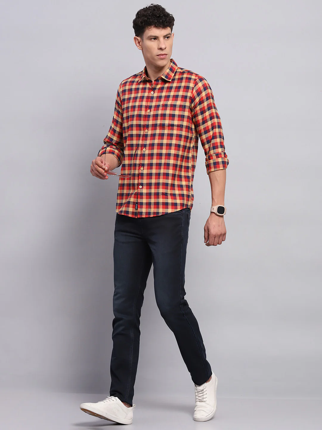 Men Red Check Collar Full Sleeve Shirt - Image 2