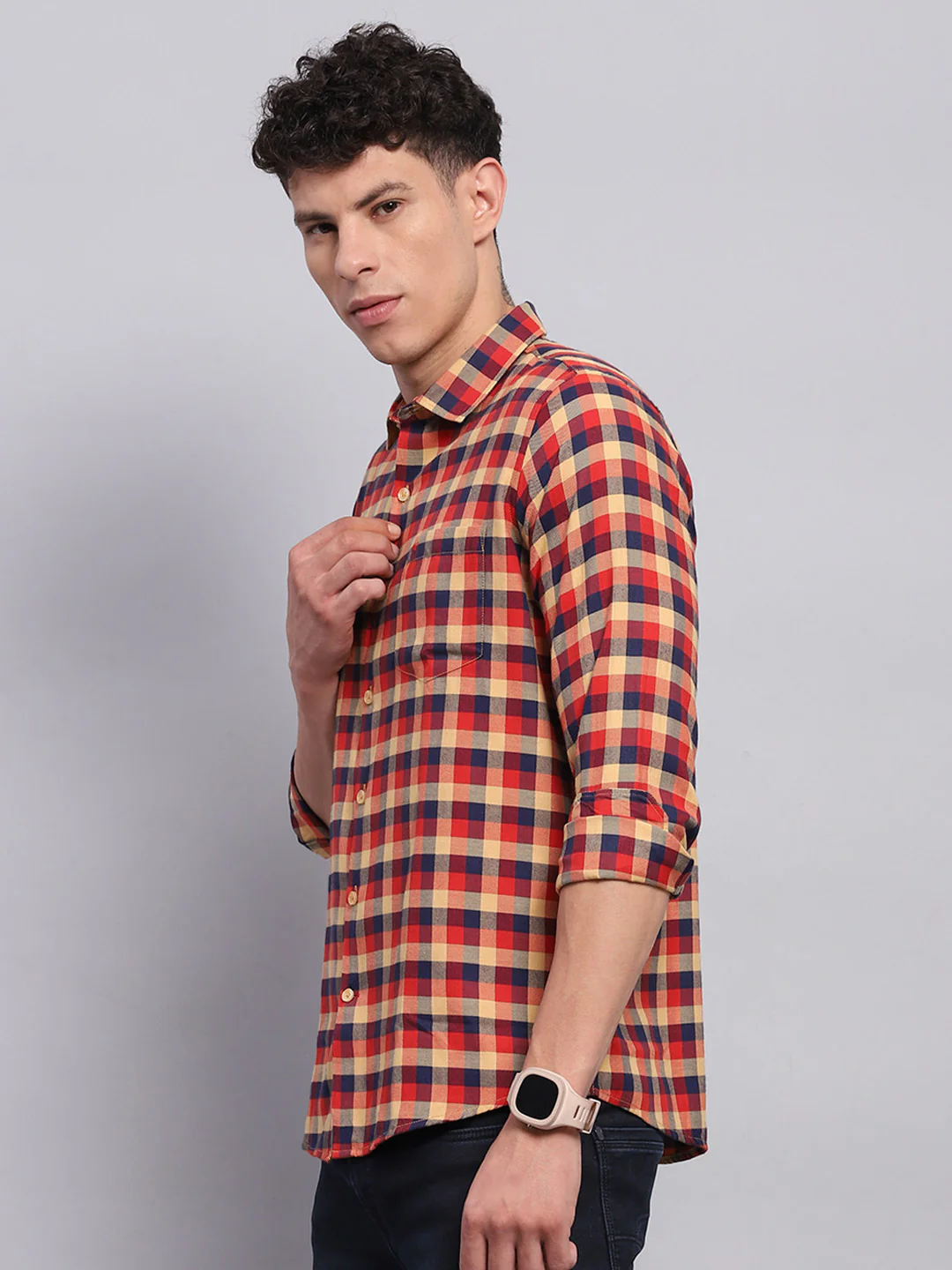Men Red Check Collar Full Sleeve Shirt - Image 3