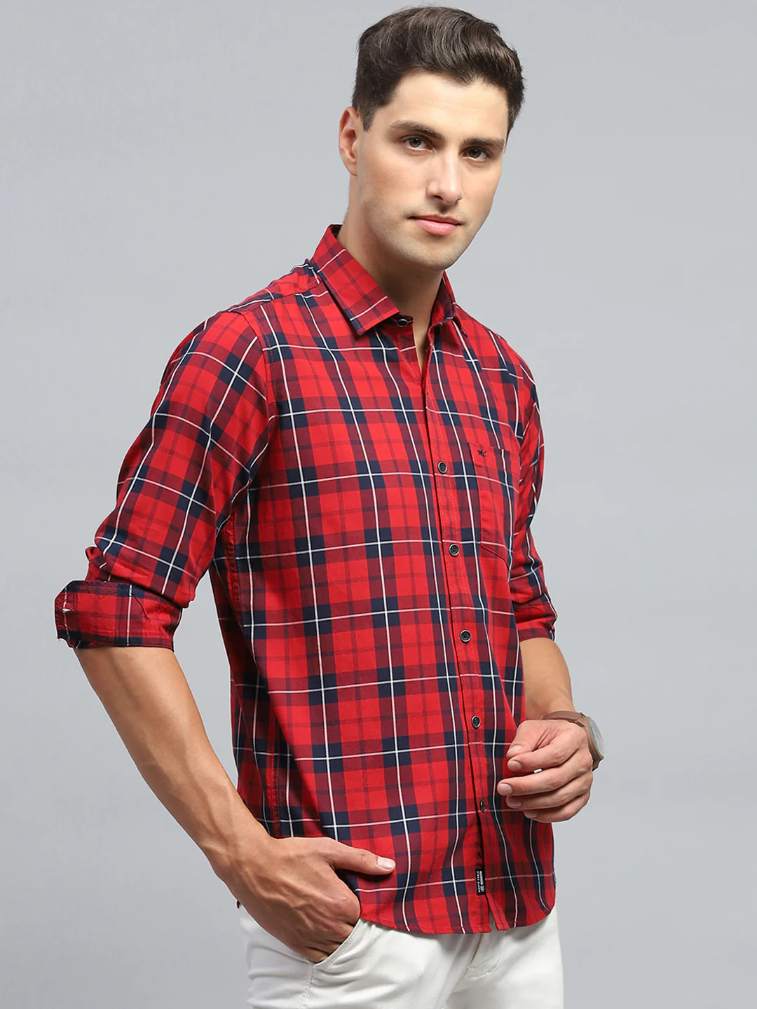 Men Red Check Collar Full Sleeve Shirt - Image 4