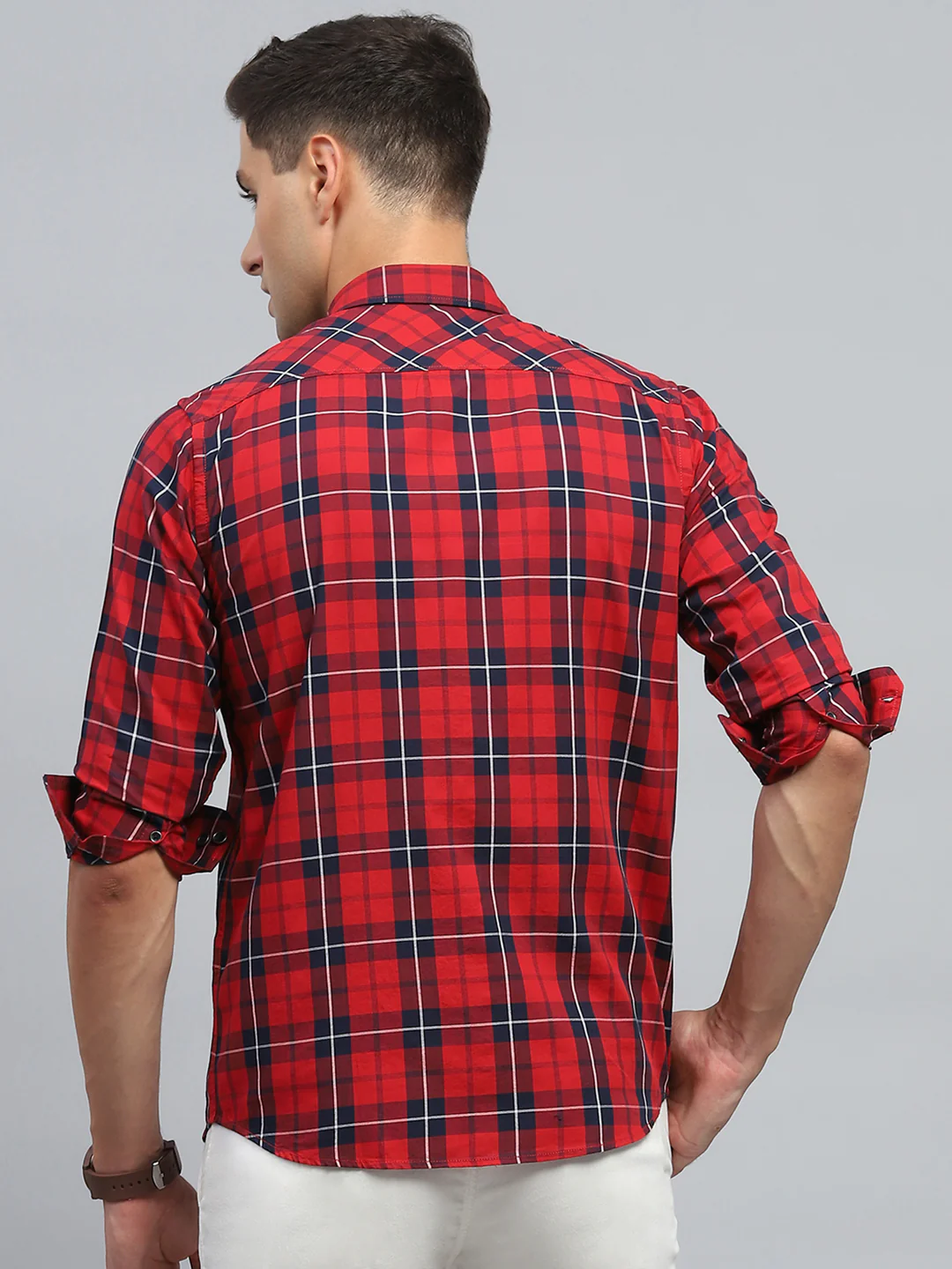 Men Red Check Collar Full Sleeve Shirt - Image 5