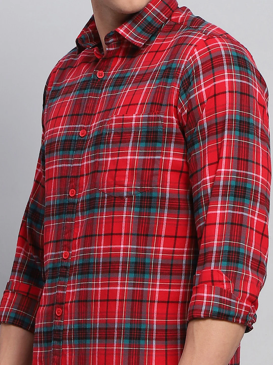 Men Red Check Collar Full Sleeve Shirt - Image 6