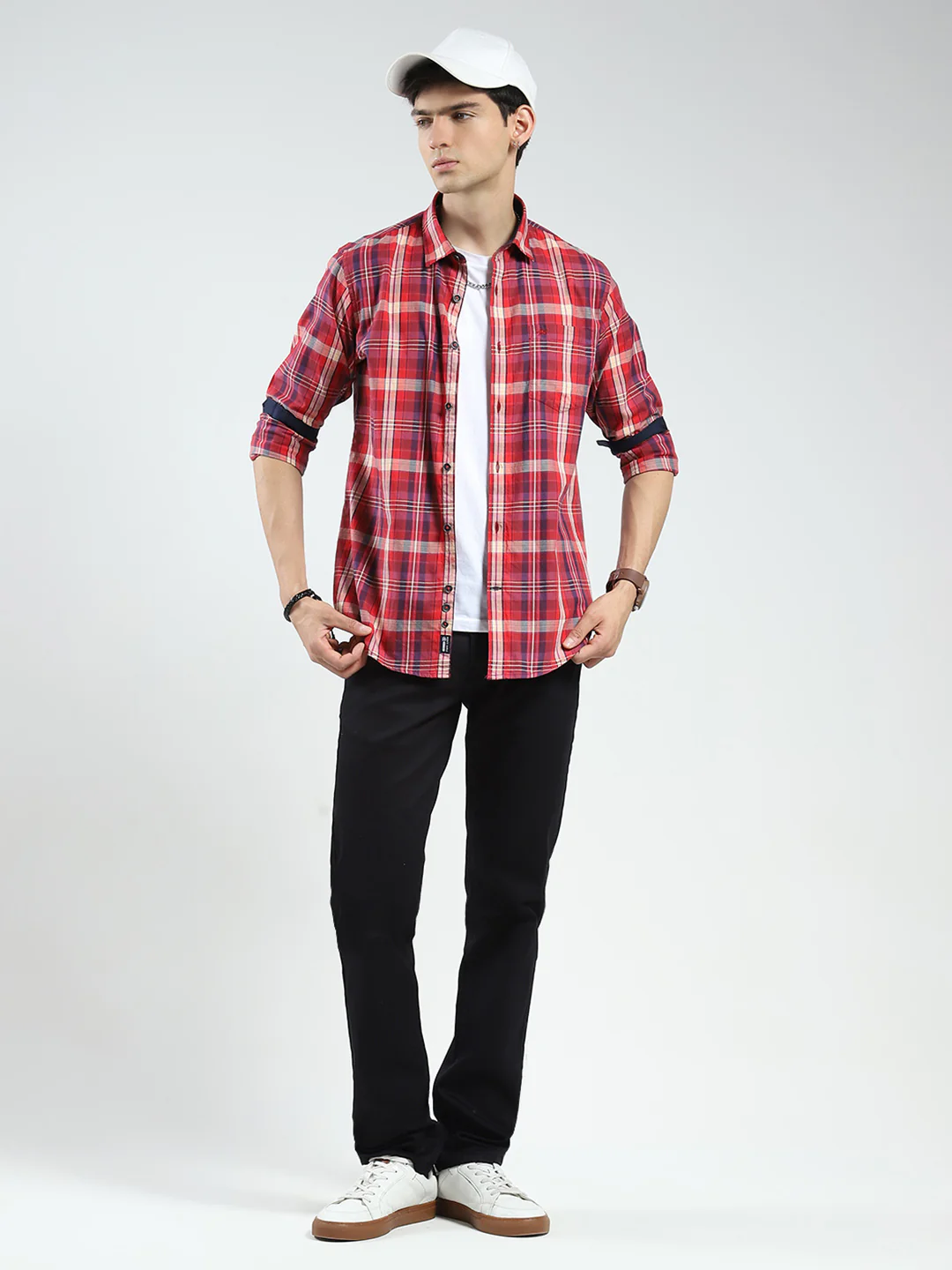 Men Red Check Collar Full Sleeve Shirt - Image 2