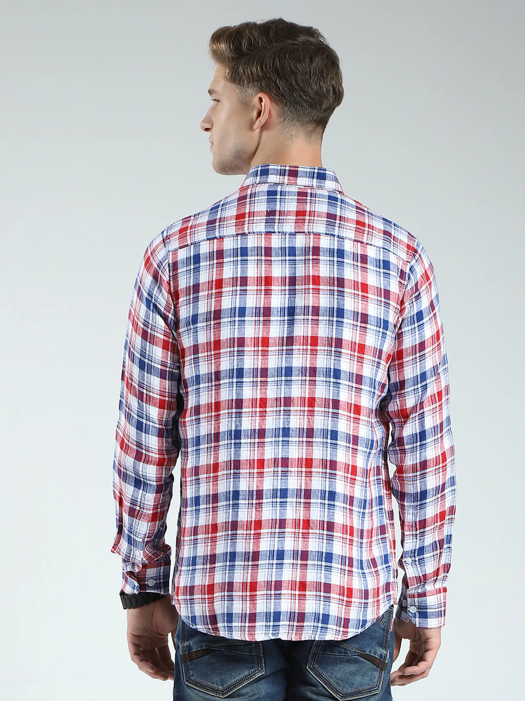 Men Red Check Collar Full Sleeve Linen Shirt - Image 5