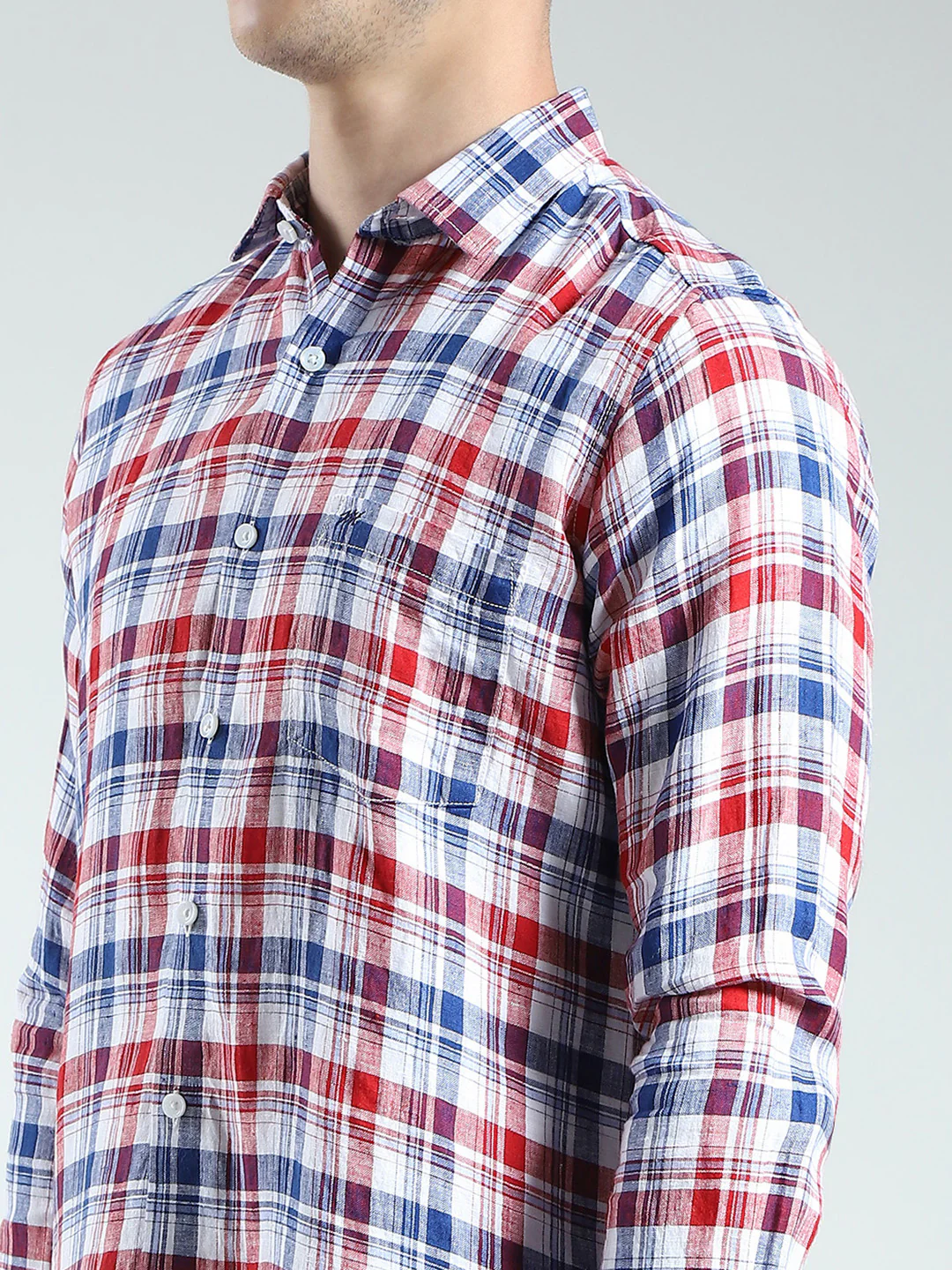 Men Red Check Collar Full Sleeve Linen Shirt - Image 6