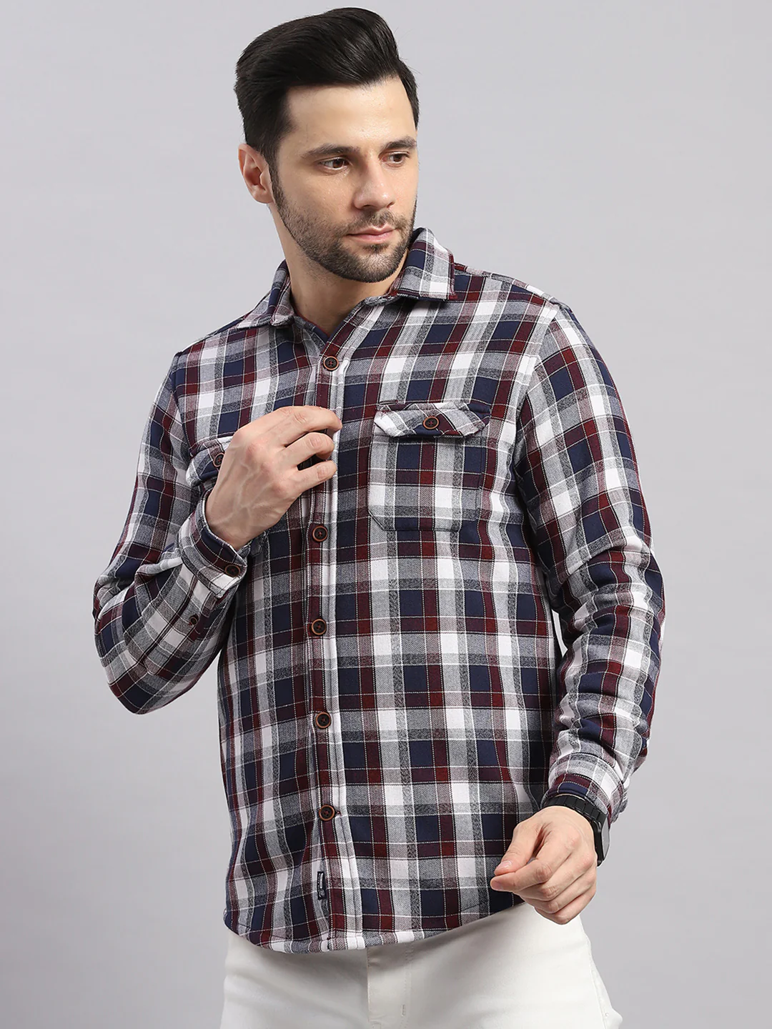 Men Red Check Collar Full Sleeve Shirt - Image 3
