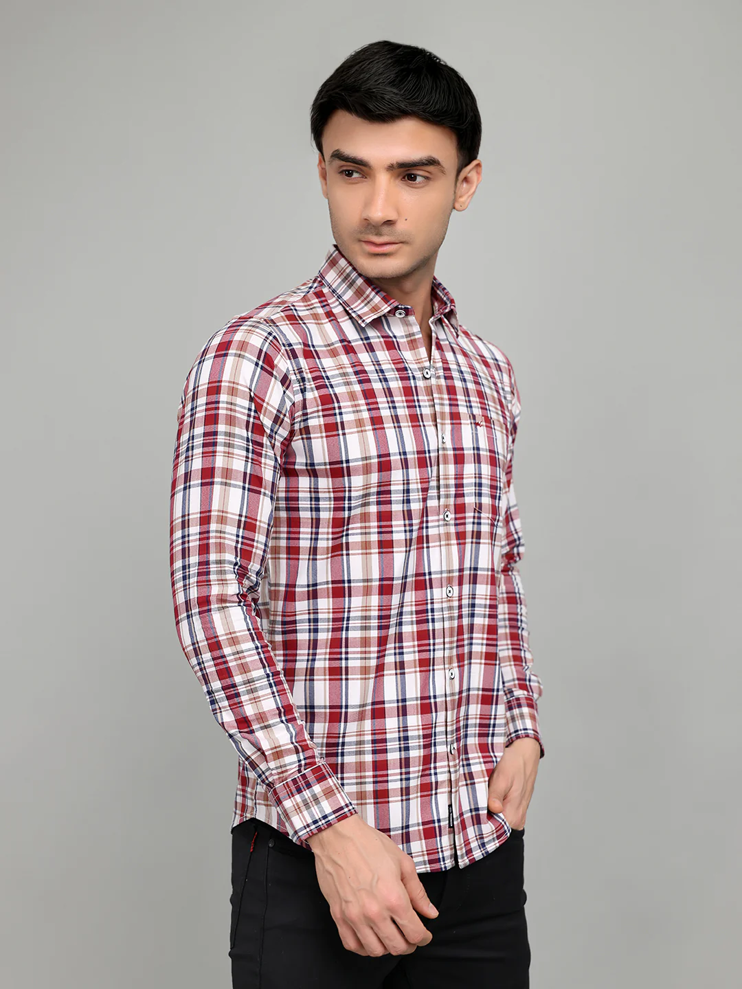 Men Red Check Collar Full Sleeve Shirt - Image 3