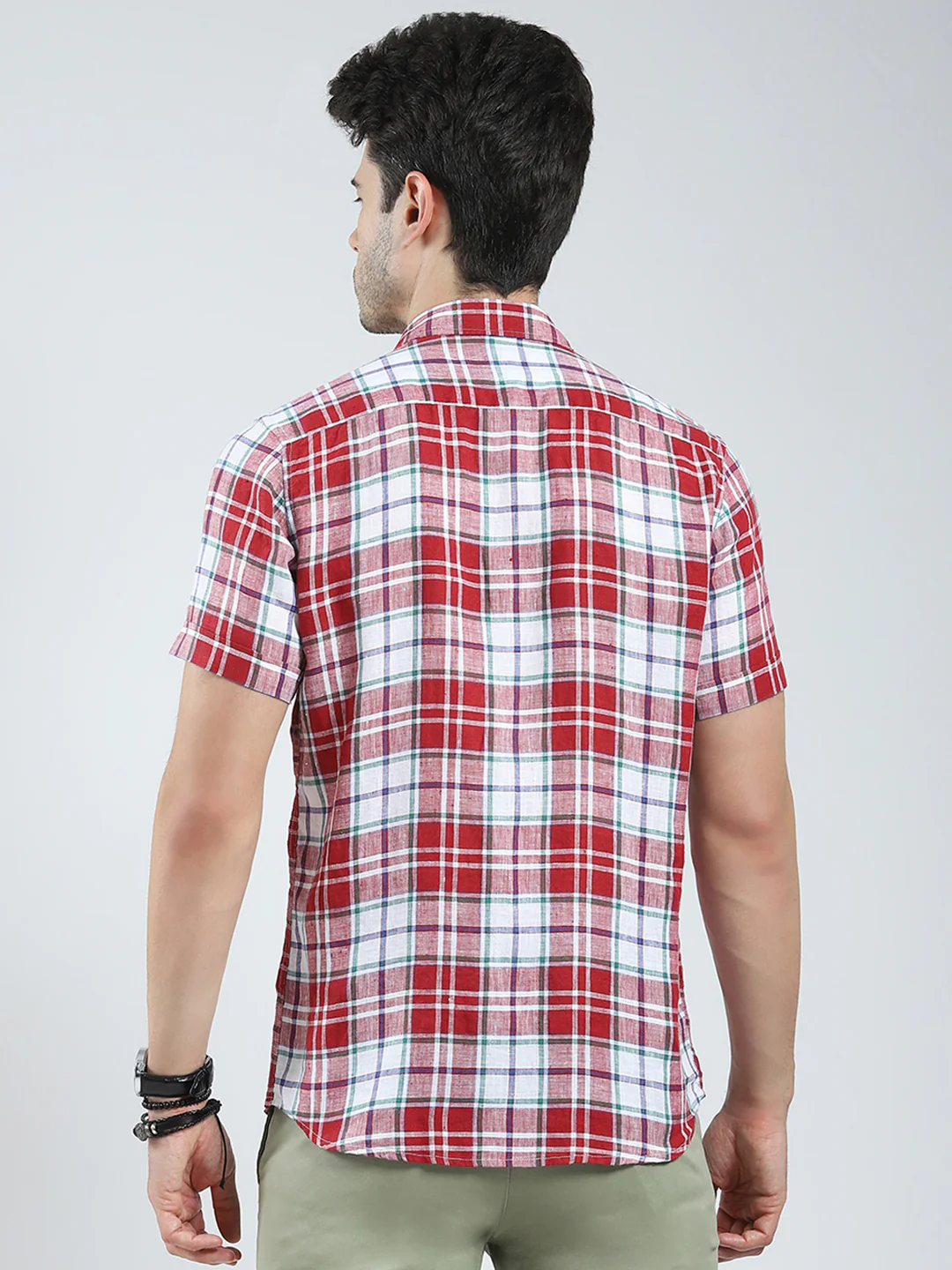 Men Red Check Collar Half Sleeve Linen Shirt - Image 5