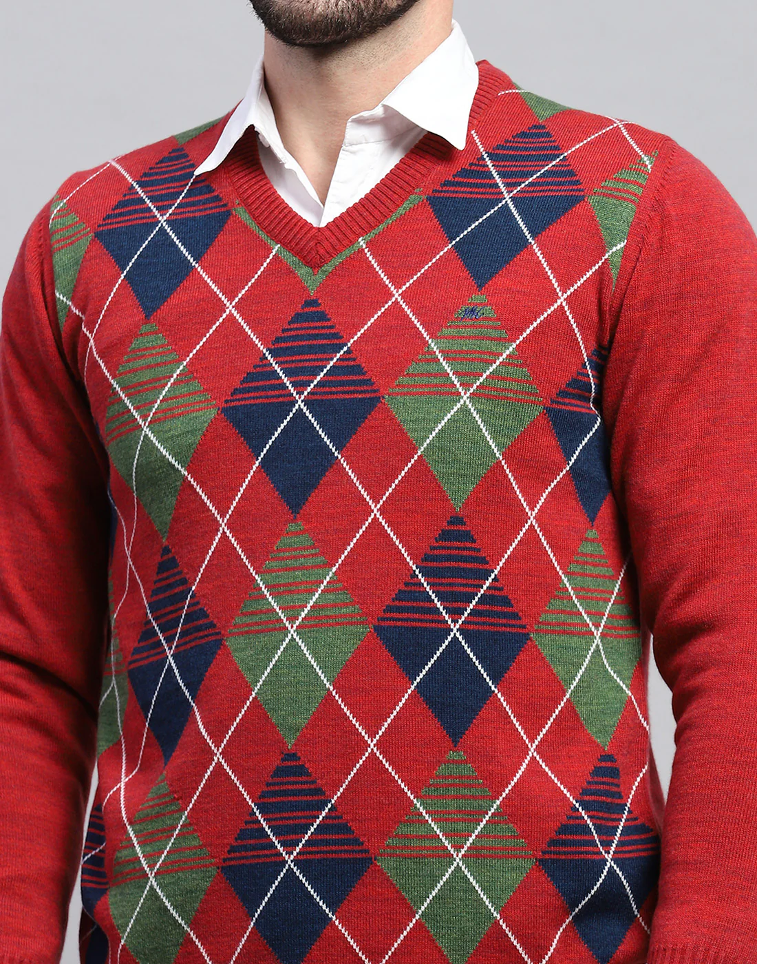 Men Red Geometric V Neck Full Sleeve Pullover - Image 7