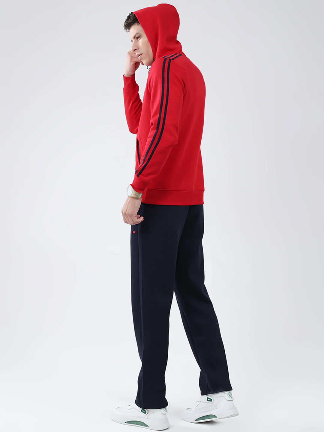 Men Red & Navy Blue Solid Hooded Full Sleeve Winter Tracksuit - Image 5