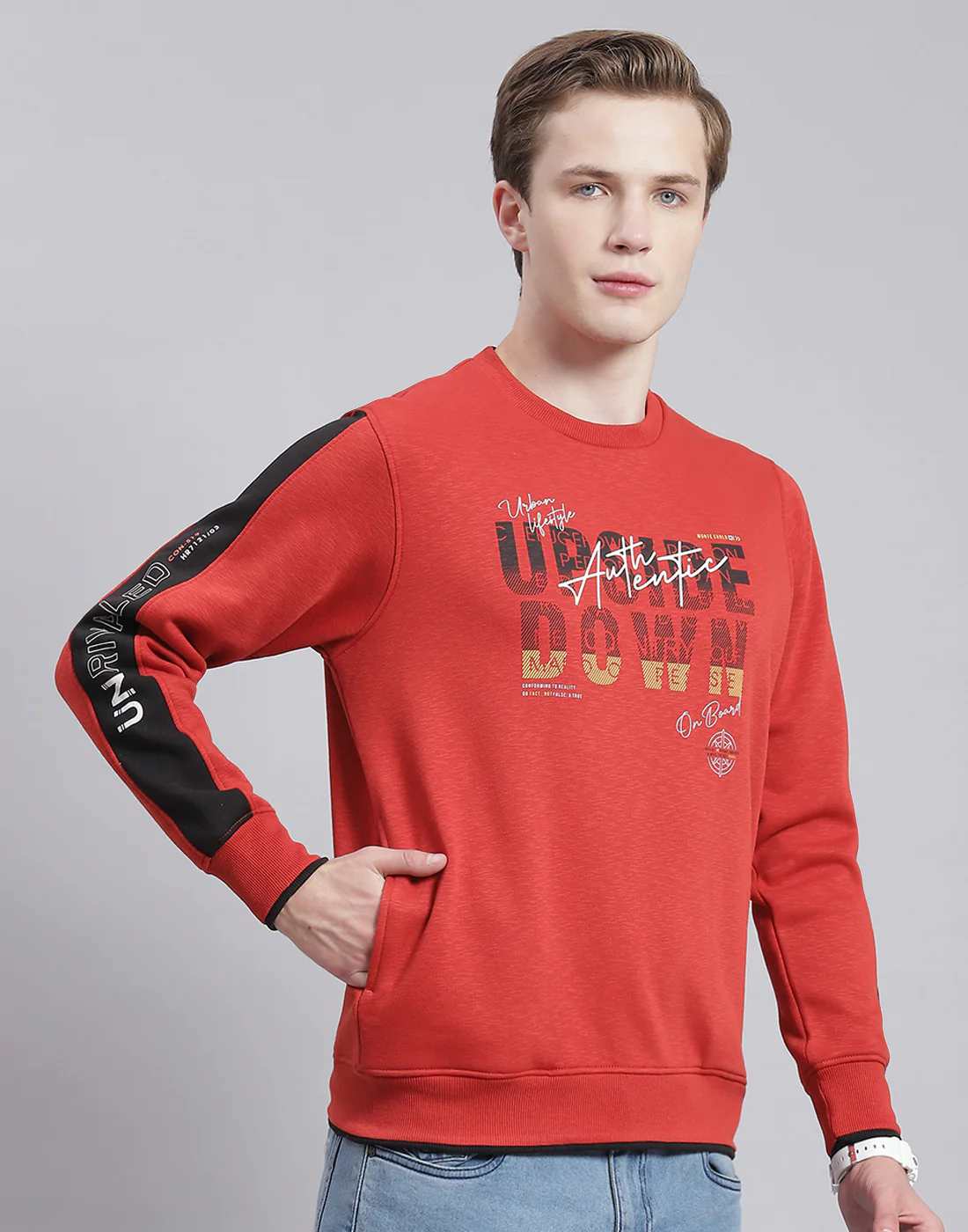 Men Red Printed Round Neck Full Sleeve Sweatshirt - Image 4