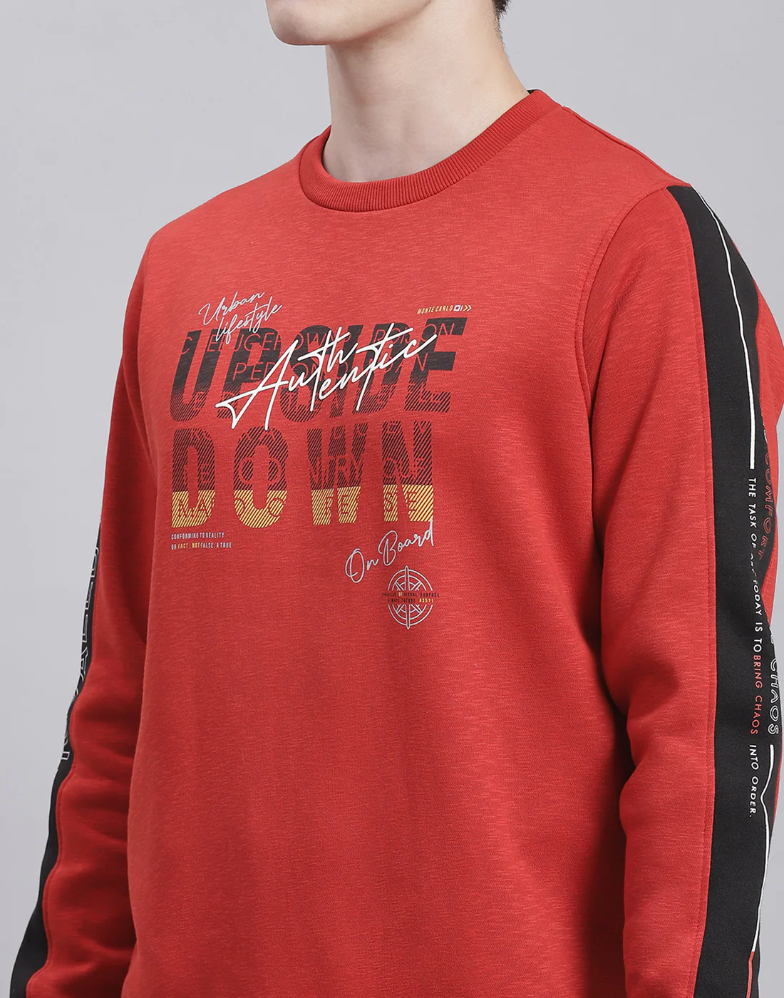 Men Red Printed Round Neck Full Sleeve Sweatshirt - Image 6