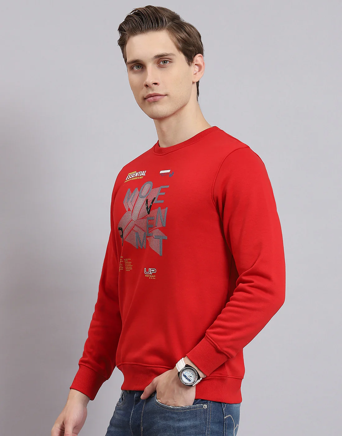 Men Red Printed Round Neck Full Sleeve Sweatshirt - Image 3