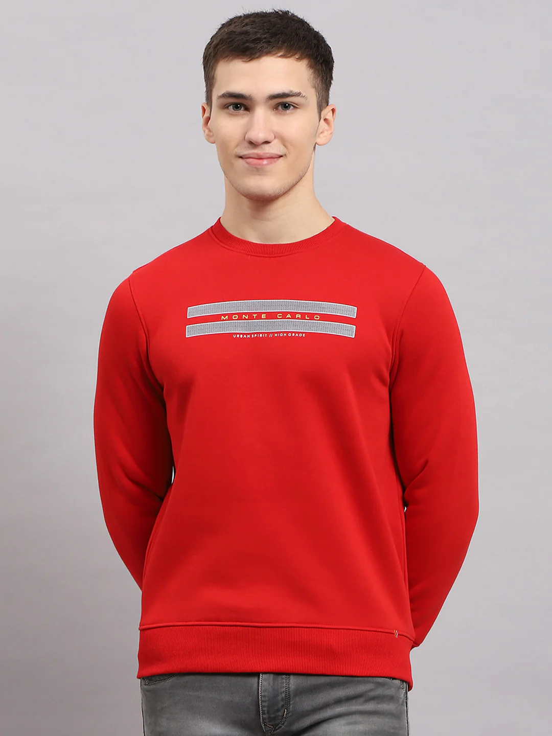 Men Red Printed Round Neck Full Sleeve Sweatshirt - Image 2