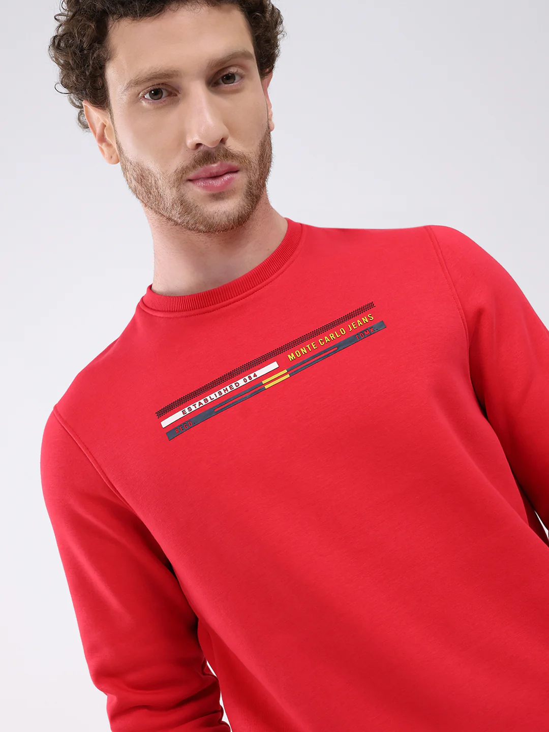 Men Red Printed Round Neck Full Sleeve Sweatshirt - Image 6