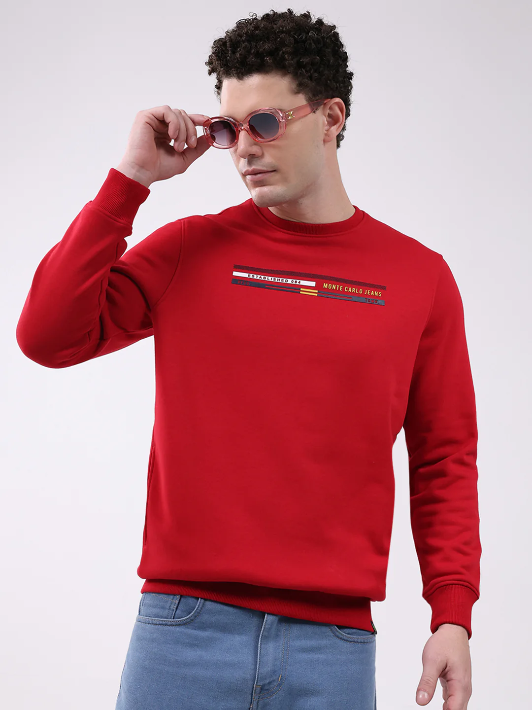 Men Red Printed Round Neck Full Sleeve Sweatshirt - Image 6