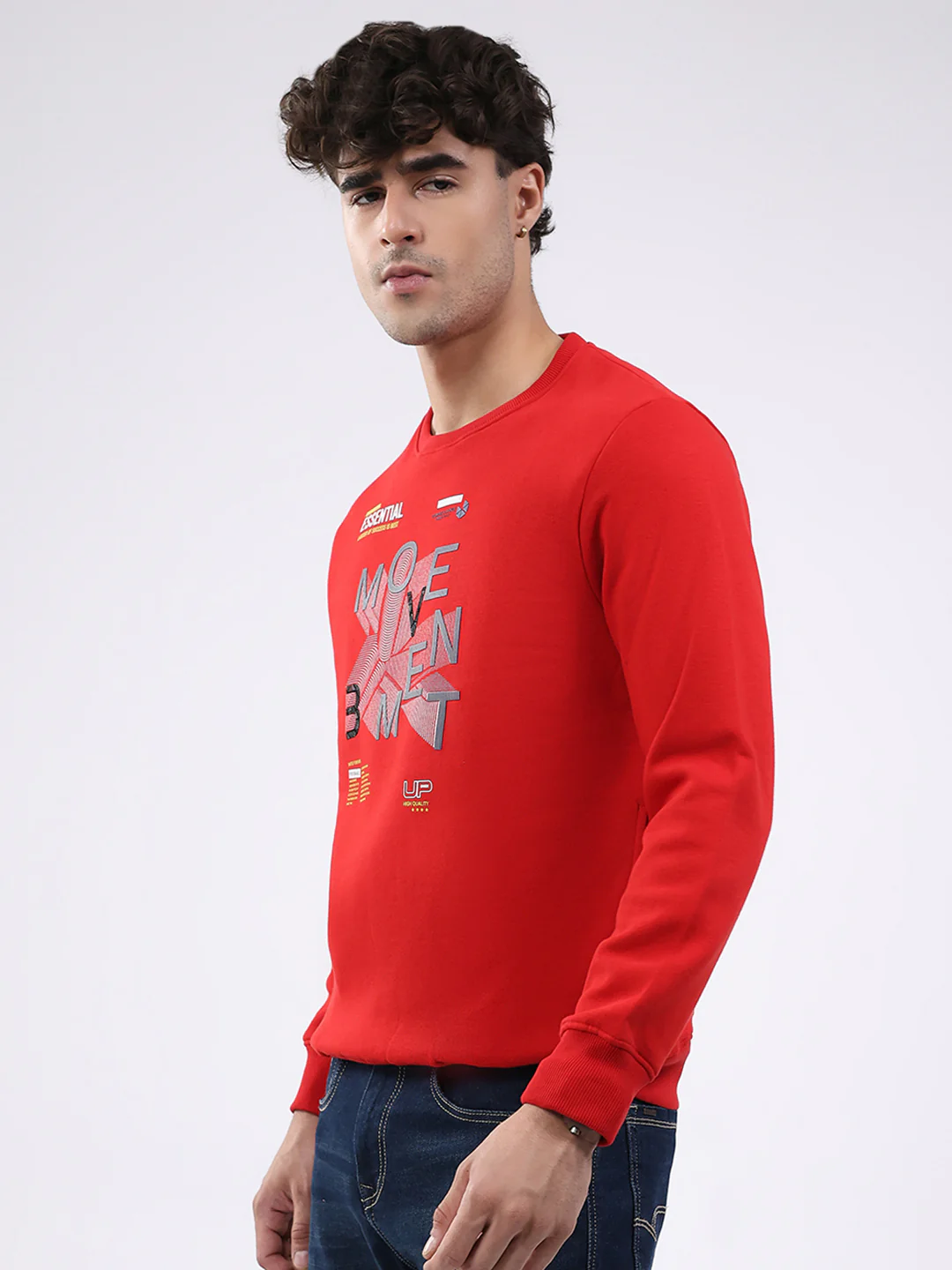 Men Red Printed Round Neck Full Sleeve Sweatshirt - Image 3