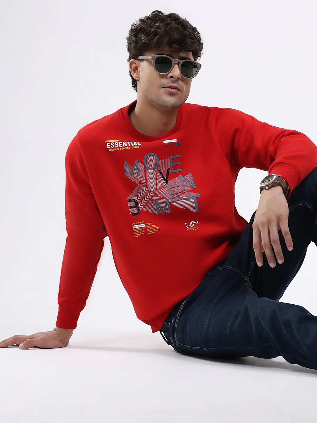 Men Red Printed Round Neck Full Sleeve Sweatshirt - Image 6
