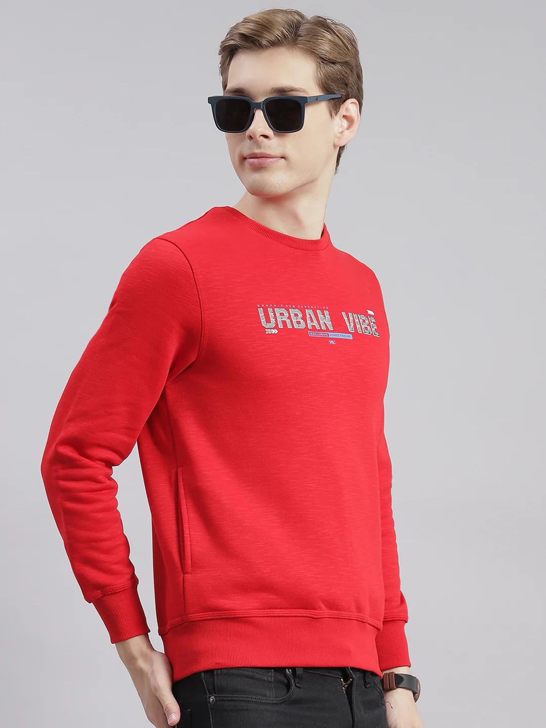 Men Red Printed Round Neck Full Sleeve Sweatshirts - Image 6