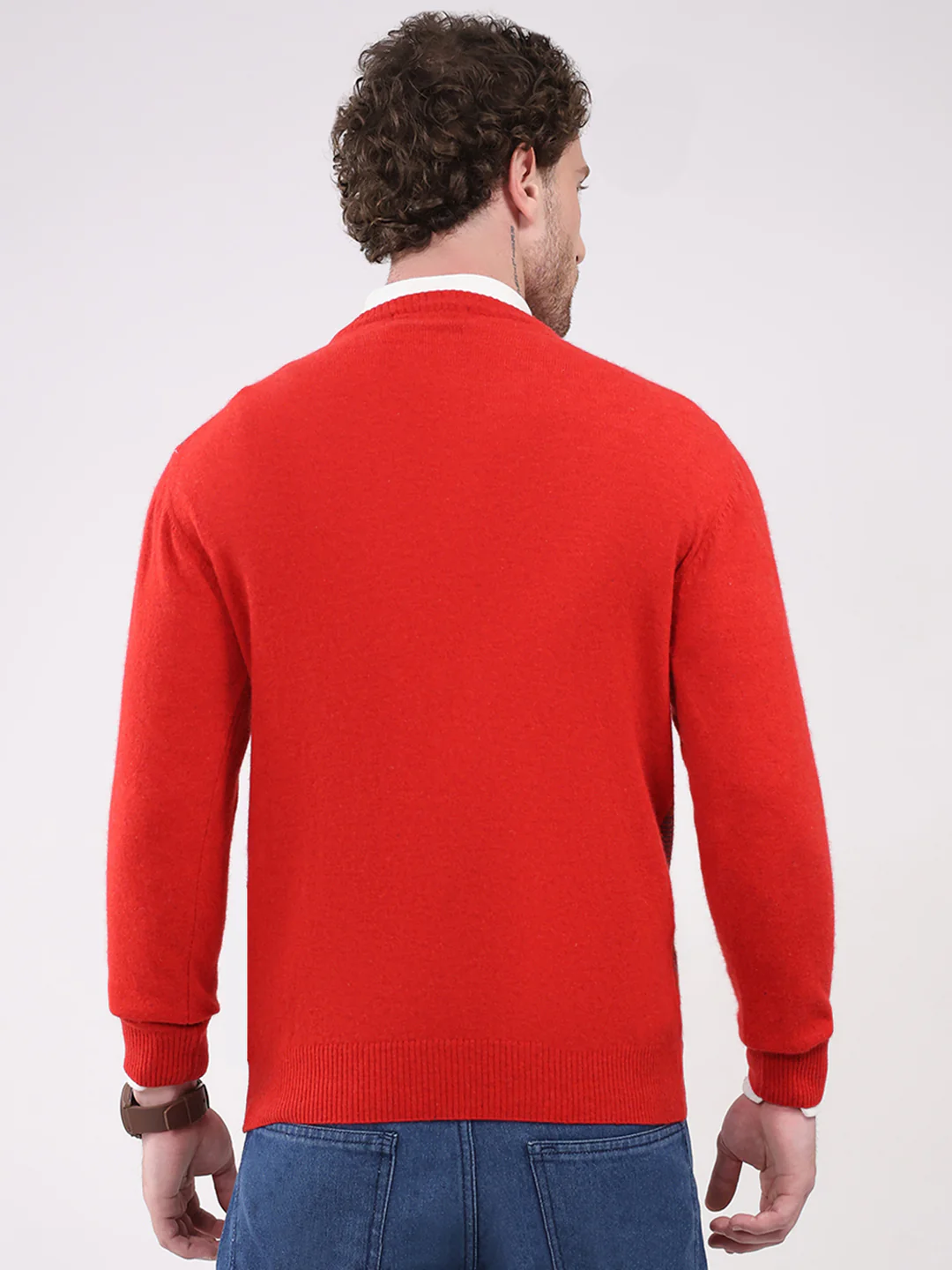 Men Red Printed V Neck Full Sleeve Pullover - Image 5