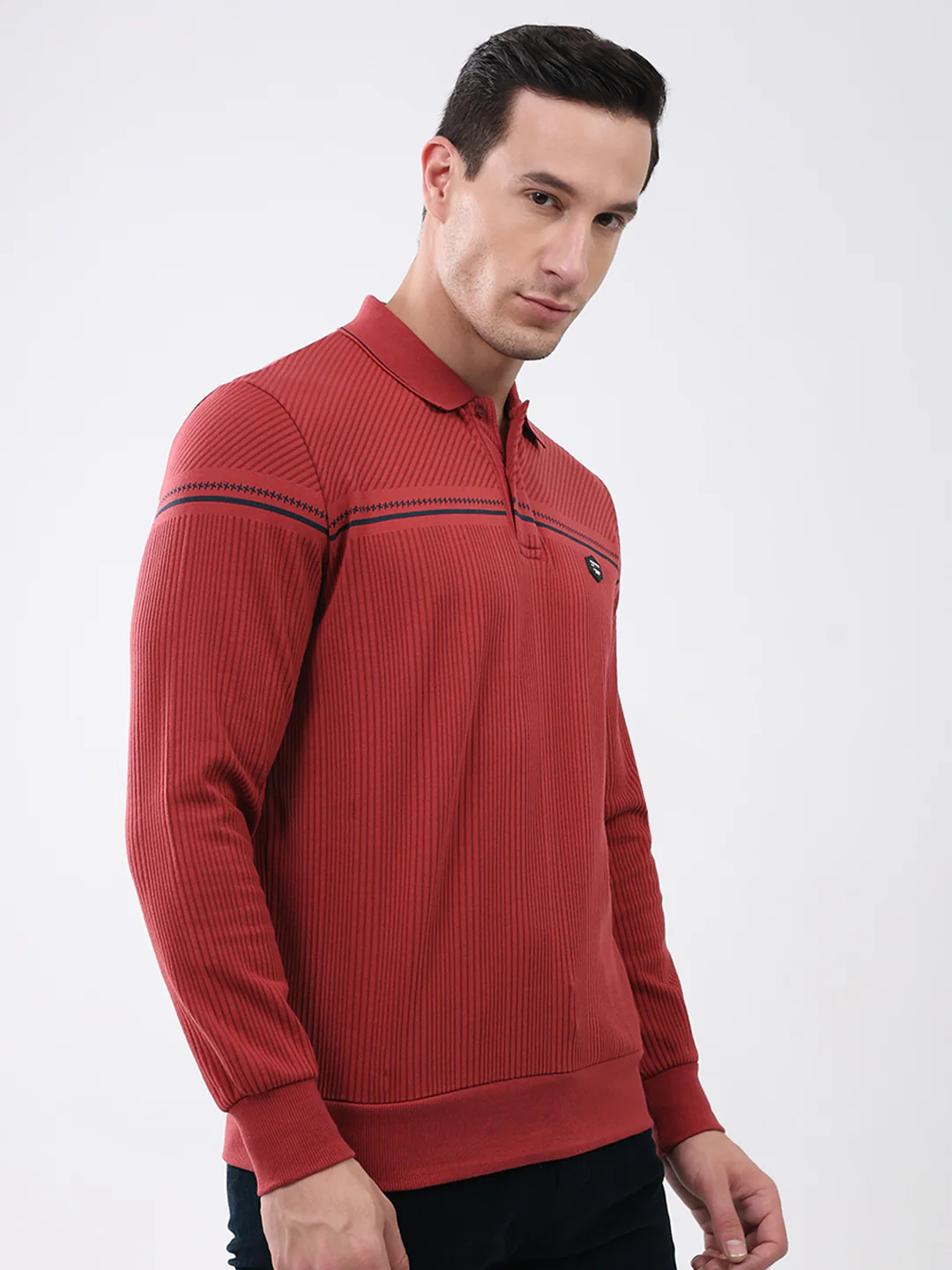 Men Red Self Design Collar Full Sleeve Winter T-Shirt - Image 4