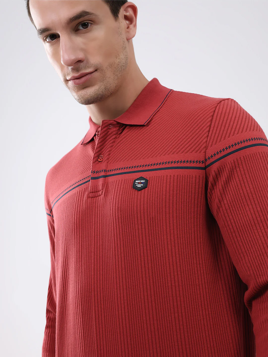 Men Red Self Design Collar Full Sleeve Winter T-Shirt - Image 7