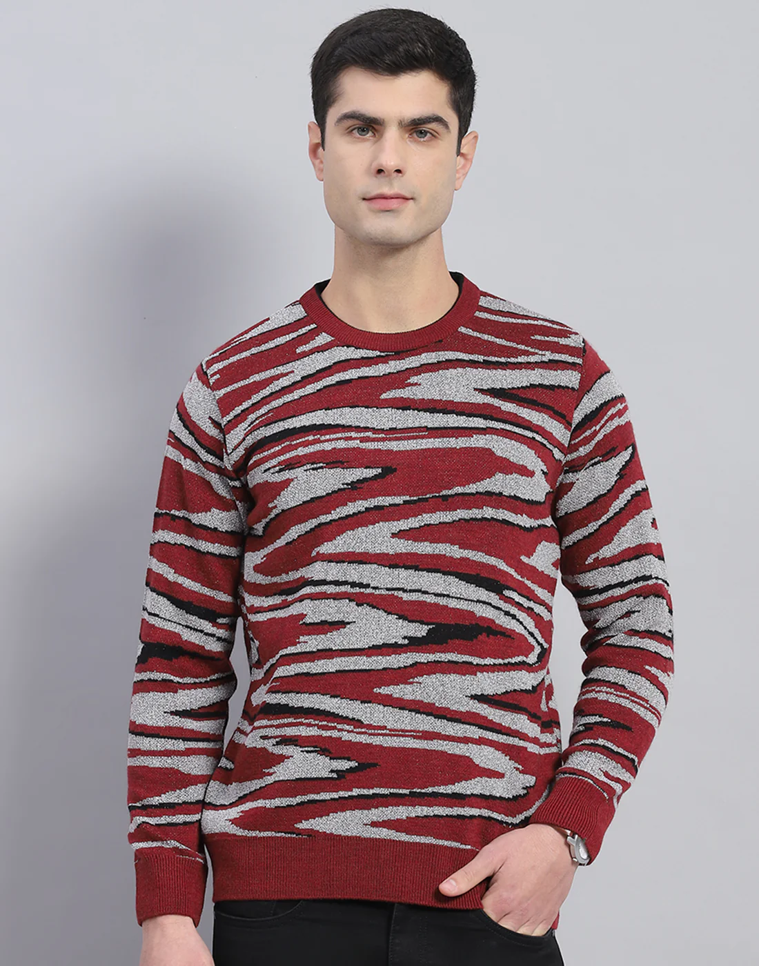 Men Red Self Design Round Neck Full Sleeve Pullover - Image 3